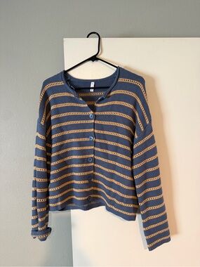 Wishlist Striped Knit Cardigan in Blue and Mustard